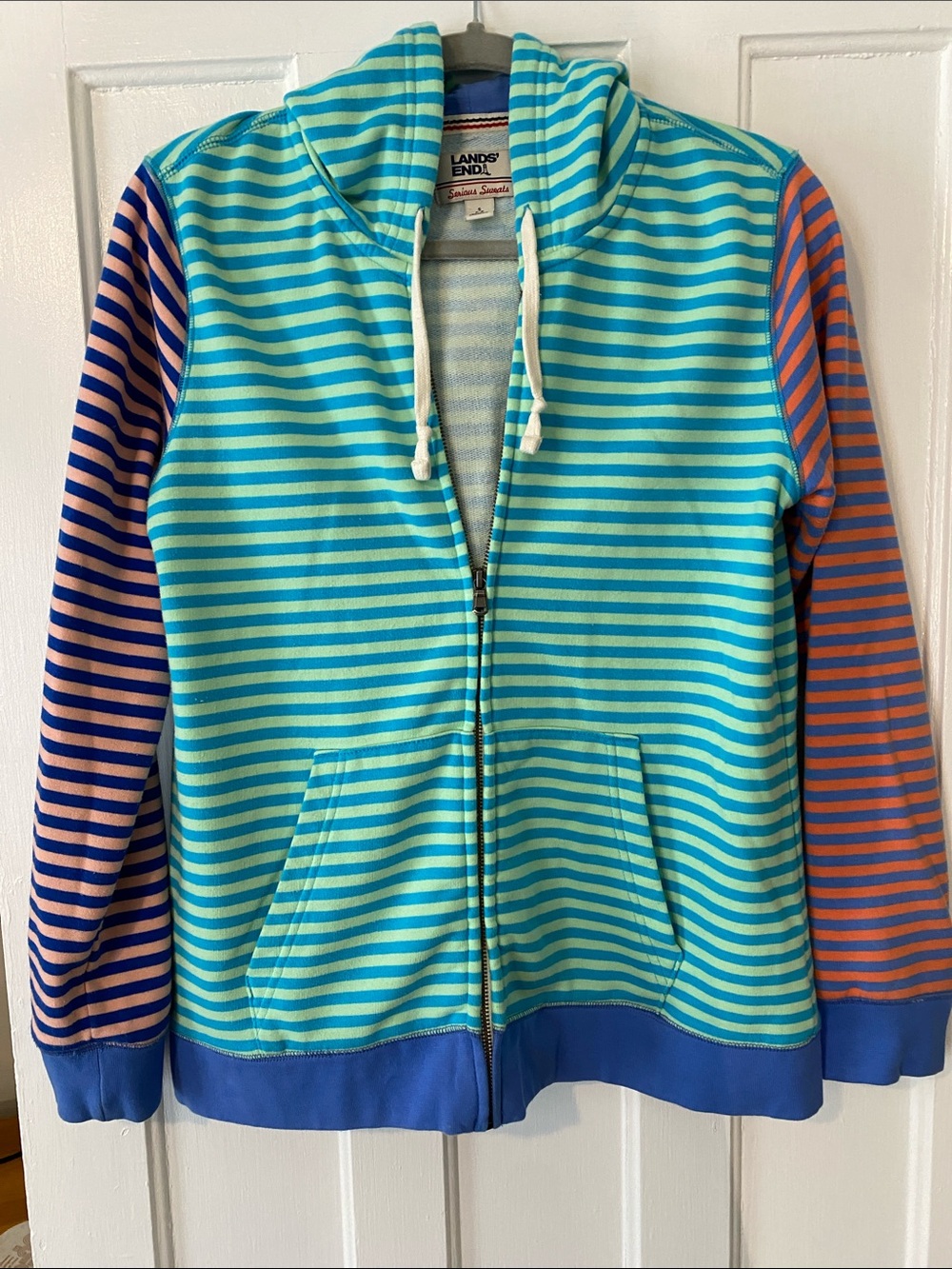 Lands' End Striped Zip Hoodie in Aqua, Teal, Blue with Pink & Orange Sleeves